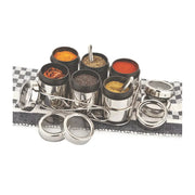 Stainless steel spice jars with lids and spoons on a black and white checkered mat